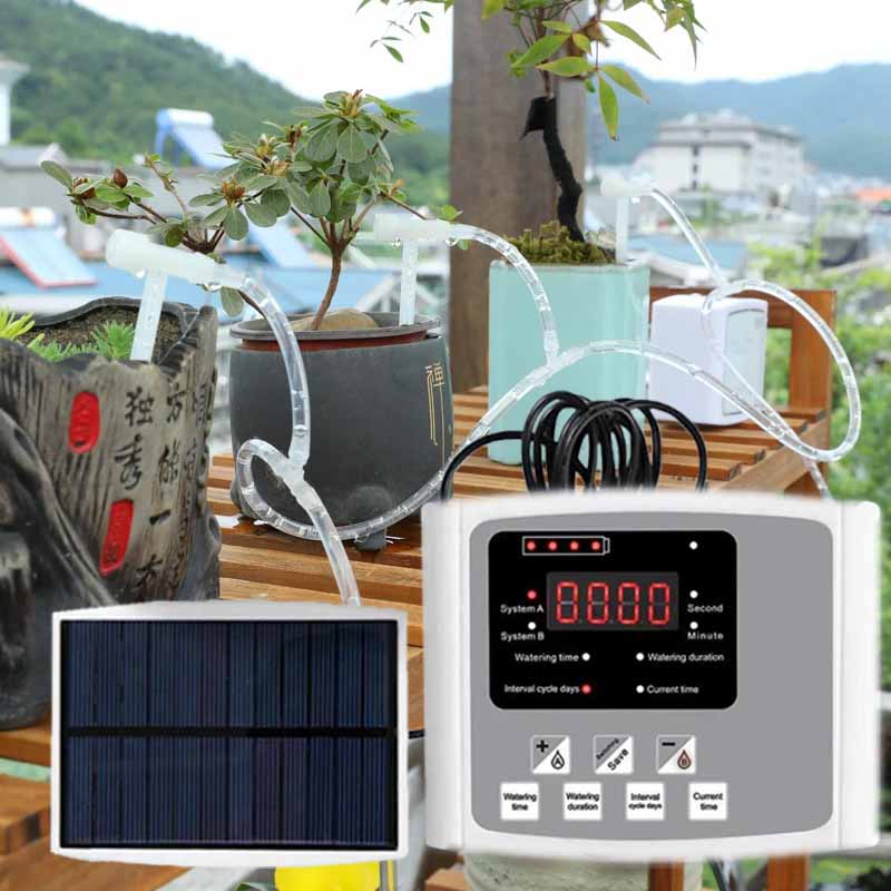 Smart Garden Sprinkler - 自動太陽エネルギー点滴灌漑装置 ダブルポンプ 調整可能なバルブコントローラー タイマーシステム インテリジェントガーデン散水