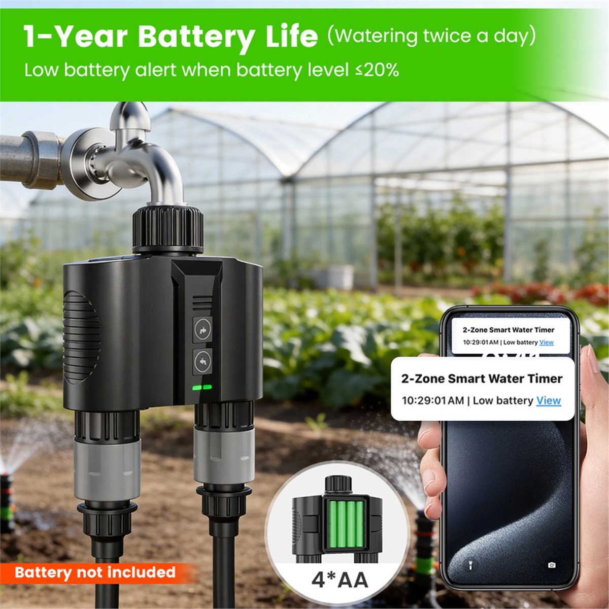 Smart Garden Water - Y17A 1セット WiFi給水タイマー（ガーデンホース用）、芝生や庭用の2つの出口付きスプリンクラータイマー、雨天遅延/リモート/手動操作対応蛇口