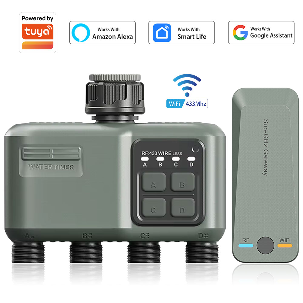 Smart Garden Sprinkler - 4口プログラマブル水タイマー（ガーデンホース用）、雨天時遅延/自動散水システム付き、庭や芝生用のデジタル灌漑システム
